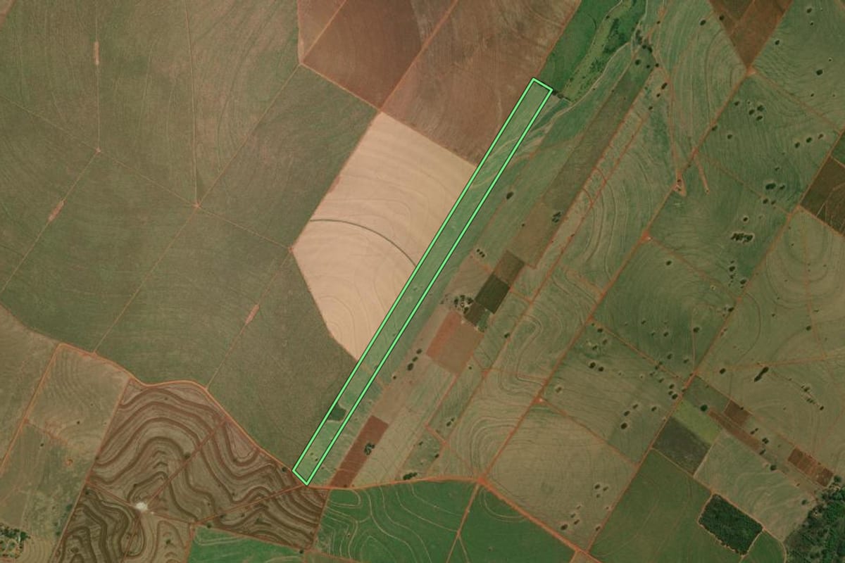 Imagem de satélite do imóvel rural em São João do Pau d'Alho (SP), com o contorno declarado no CAR desenhado por cima.