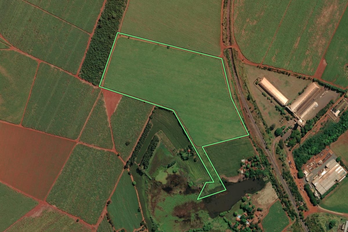 Imagem de satélite do imóvel rural em São Joaquim da Barra (SP), com o contorno declarado no CAR desenhado por cima.