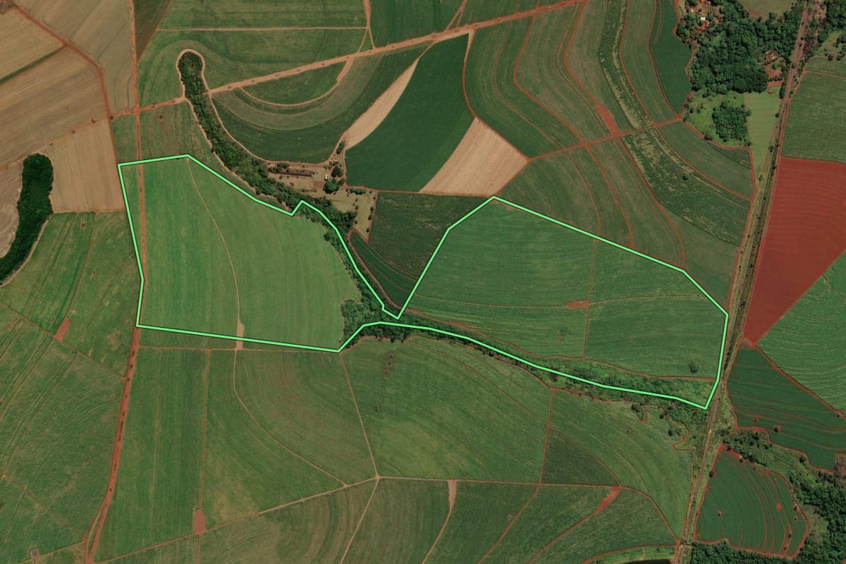 Imagem de satélite do imóvel rural em São Joaquim da Barra (SP), com o contorno declarado no CAR desenhado por cima.