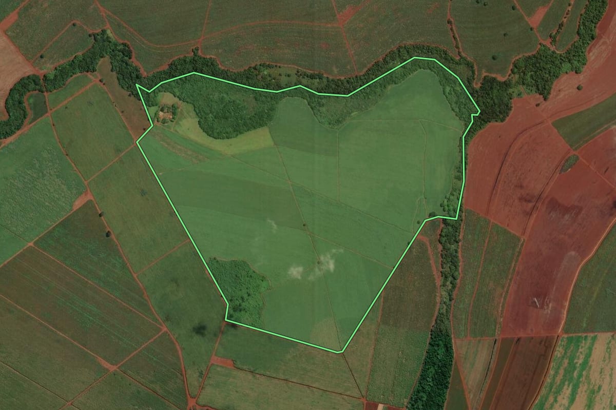 Imagem de satélite do imóvel rural em São Joaquim da Barra (SP), com o contorno declarado no CAR desenhado por cima.