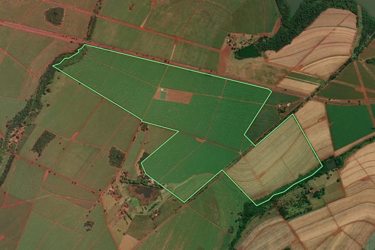Imagem de satélite do imóvel rural em São Joaquim da Barra (SP), com o contorno declarado no CAR desenhado por cima.