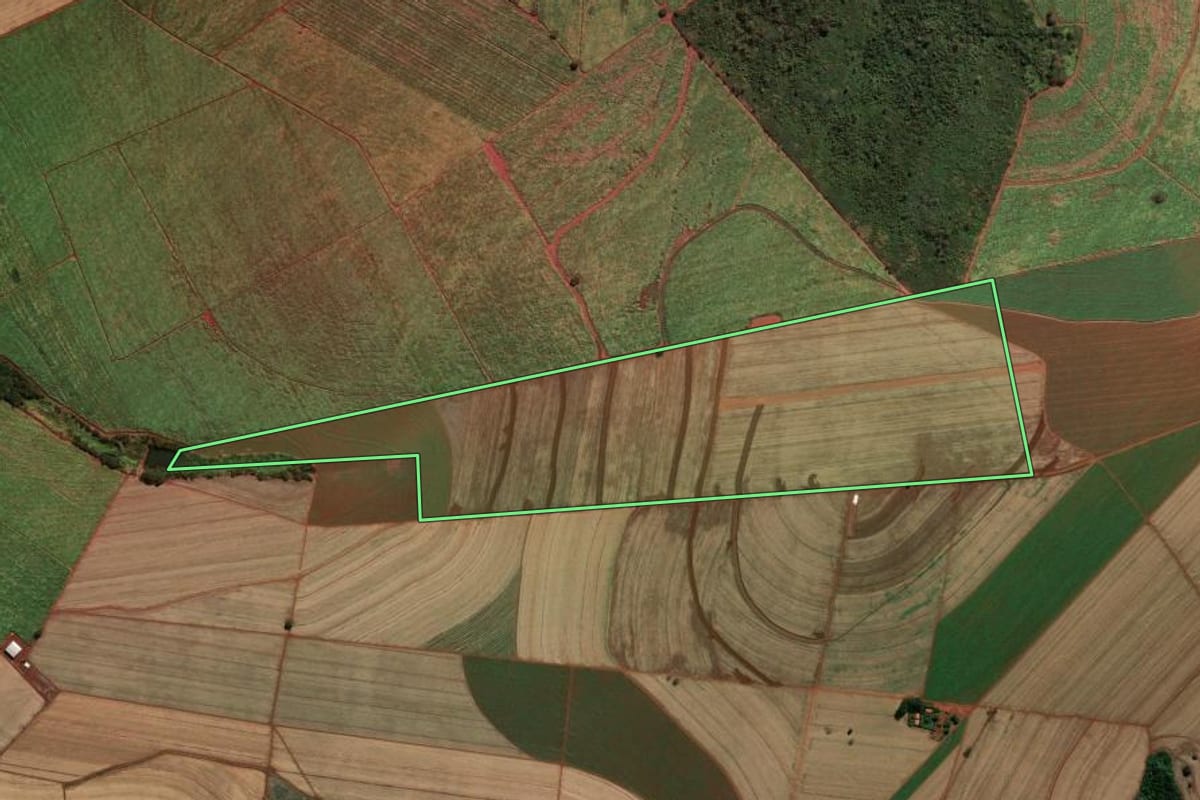 Imagem de satélite do imóvel rural em São Joaquim da Barra (SP), com o contorno declarado no CAR desenhado por cima.