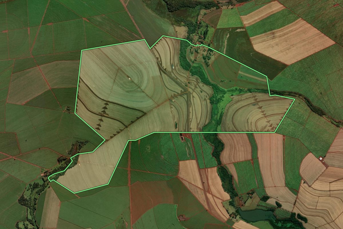 Imagem de satélite do imóvel rural em São Joaquim da Barra (SP), com o contorno declarado no CAR desenhado por cima.