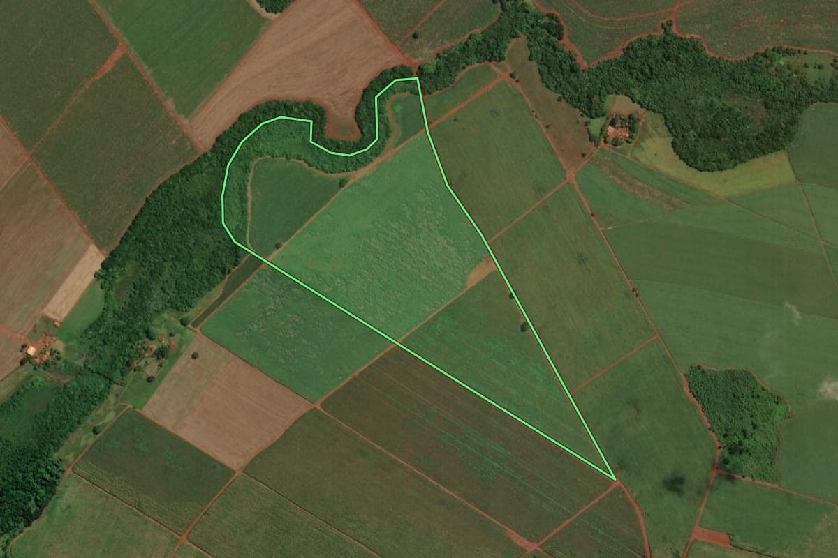 Imagem de satélite do imóvel rural em São Joaquim da Barra (SP), com o contorno declarado no CAR desenhado por cima.