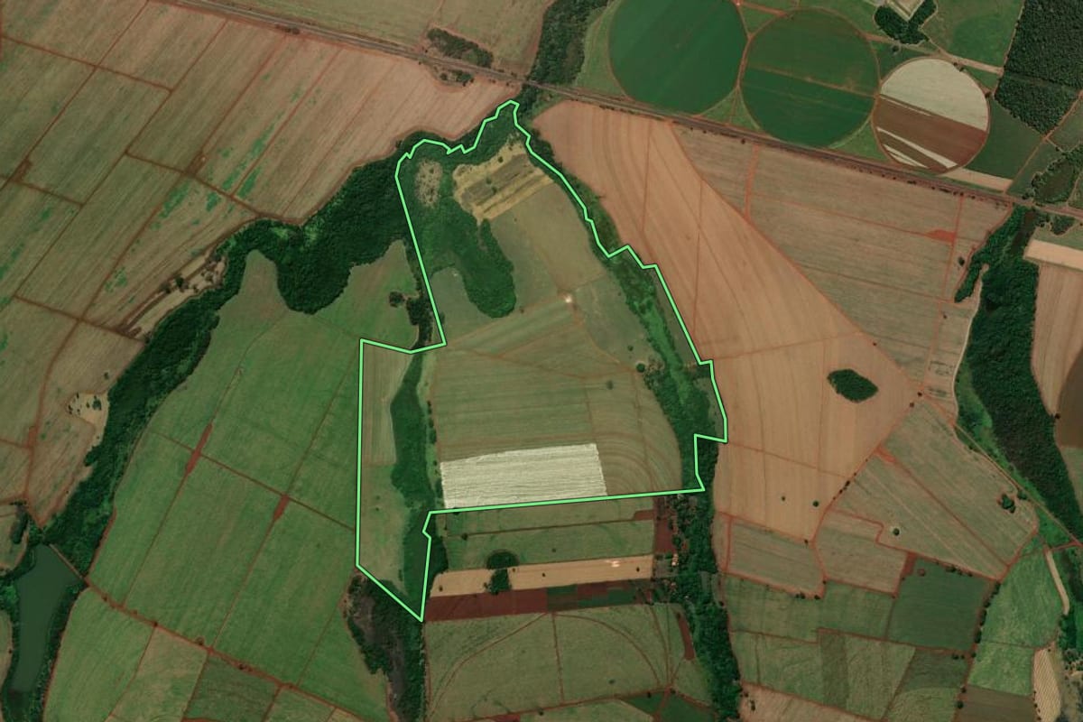 Imagem de satélite do imóvel rural em São Joaquim da Barra (SP), com o contorno declarado no CAR desenhado por cima.