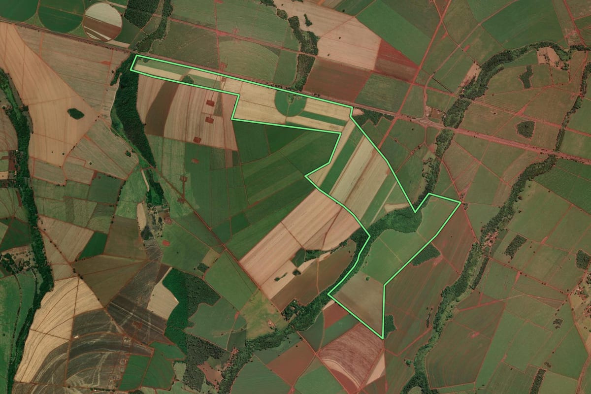 Imagem de satélite do imóvel rural em São Joaquim da Barra (SP), com o contorno declarado no CAR desenhado por cima.