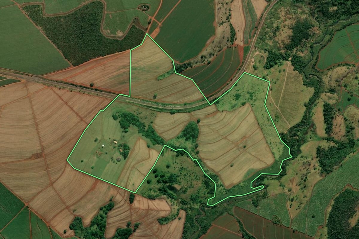 Imagem de satélite do imóvel rural em São José da Bela Vista (SP), com o contorno declarado no CAR desenhado por cima.