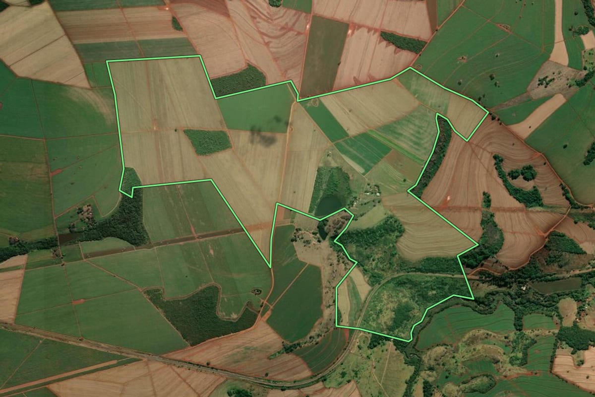Imagem de satélite do imóvel rural em São José da Bela Vista (SP), com o contorno declarado no CAR desenhado por cima.