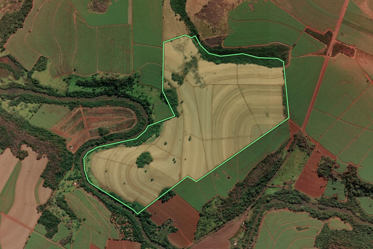Imagem de satélite do imóvel rural em São José da Bela Vista (SP), com o contorno declarado no CAR desenhado por cima.