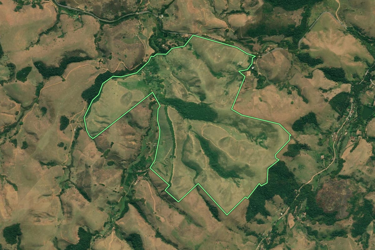 Imagem de satélite do imóvel rural em São José do Barreiro (SP), com o contorno declarado no CAR desenhado por cima.