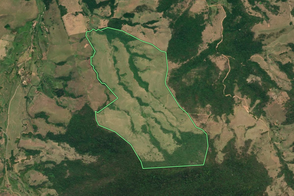 Imagem de satélite do imóvel rural em São José do Barreiro (SP), com o contorno declarado no CAR desenhado por cima.