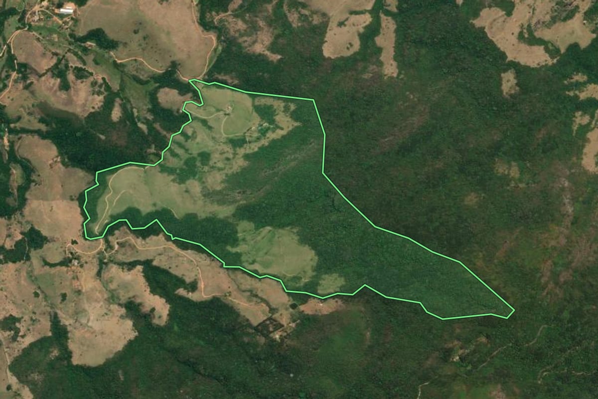 Imagem de satélite do imóvel rural em São José do Barreiro (SP), com o contorno declarado no CAR desenhado por cima.