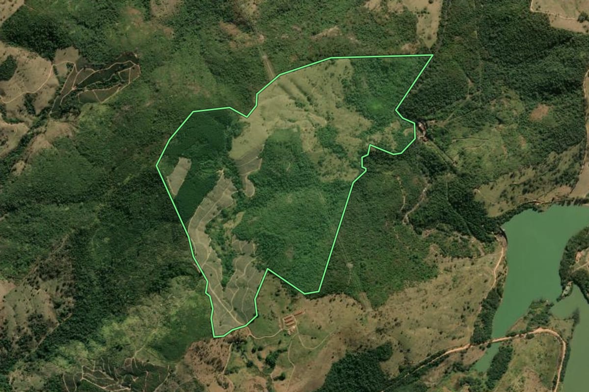 Imagem de satélite do imóvel rural em São José do Rio Pardo (SP), com o contorno declarado no CAR desenhado por cima.