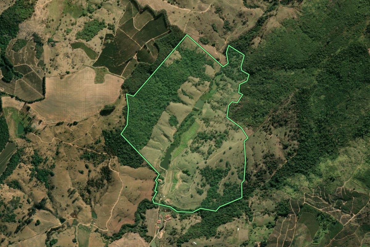 Imagem de satélite do imóvel rural em São José do Rio Pardo (SP), com o contorno declarado no CAR desenhado por cima.