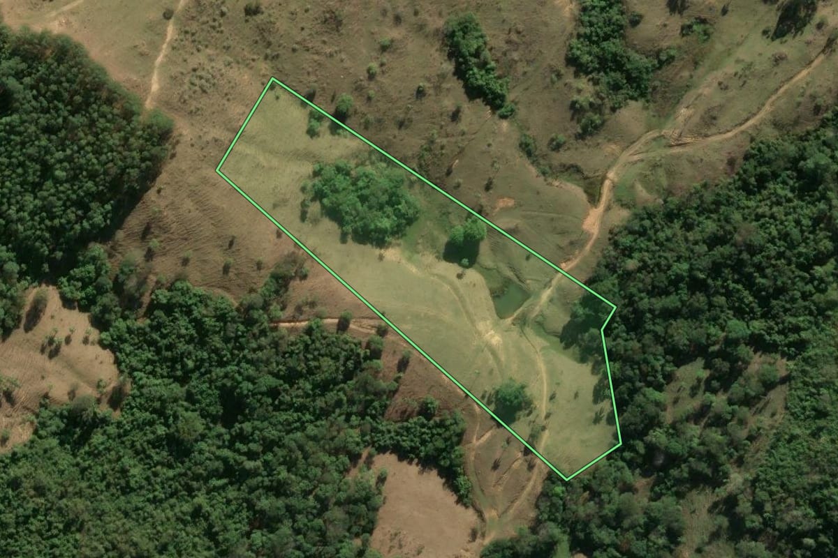 Imagem de satélite do imóvel rural em São José do Rio Pardo (SP), com o contorno declarado no CAR desenhado por cima.