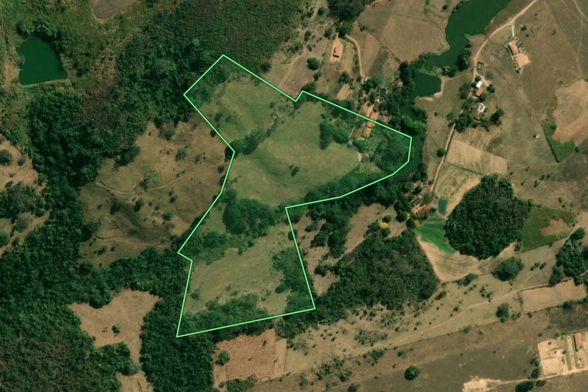 Imagem de satélite do imóvel rural em São José do Rio Pardo (SP), com o contorno declarado no CAR desenhado por cima.