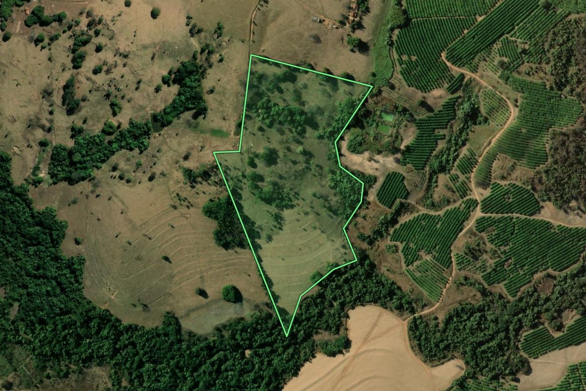 Imagem de satélite do imóvel rural em São José do Rio Pardo (SP), com o contorno declarado no CAR desenhado por cima.