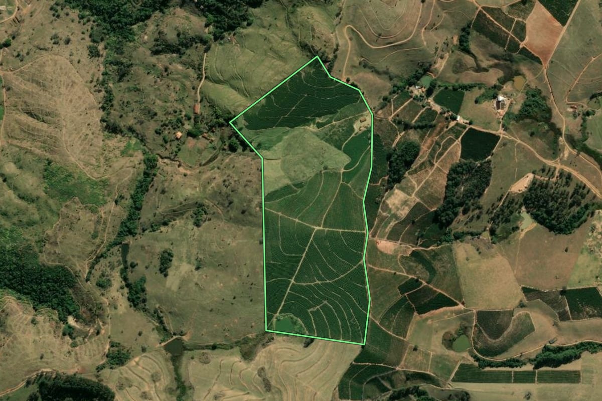 Imagem de satélite do imóvel rural em São José do Rio Pardo (SP), com o contorno declarado no CAR desenhado por cima.
