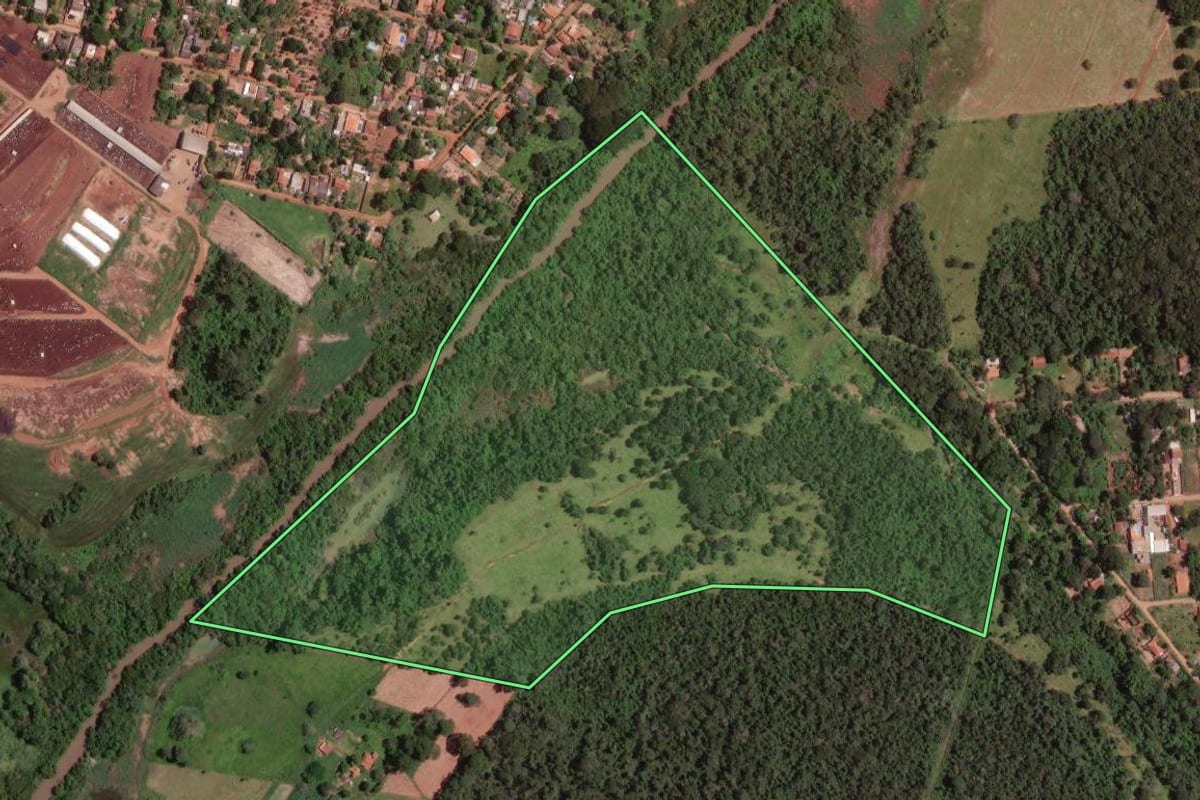 Imagem de satélite do imóvel rural em São José do Rio Preto (SP), com o contorno declarado no CAR desenhado por cima.