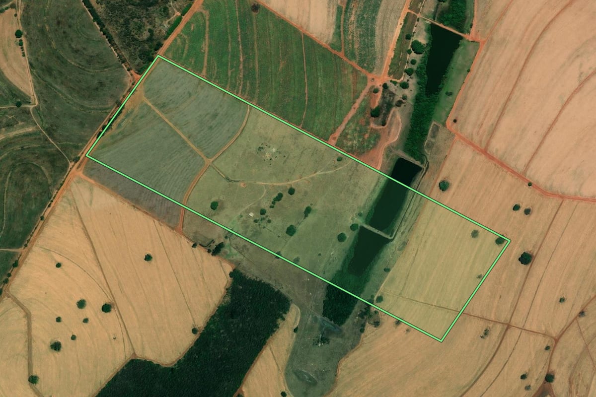 Imagem de satélite do imóvel rural em São José do Rio Preto (SP), com o contorno declarado no CAR desenhado por cima.