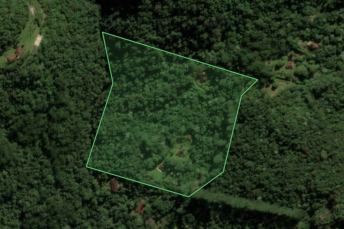 Imagem de satélite do imóvel rural em São José dos Campos (SP), com o contorno declarado no CAR desenhado por cima.