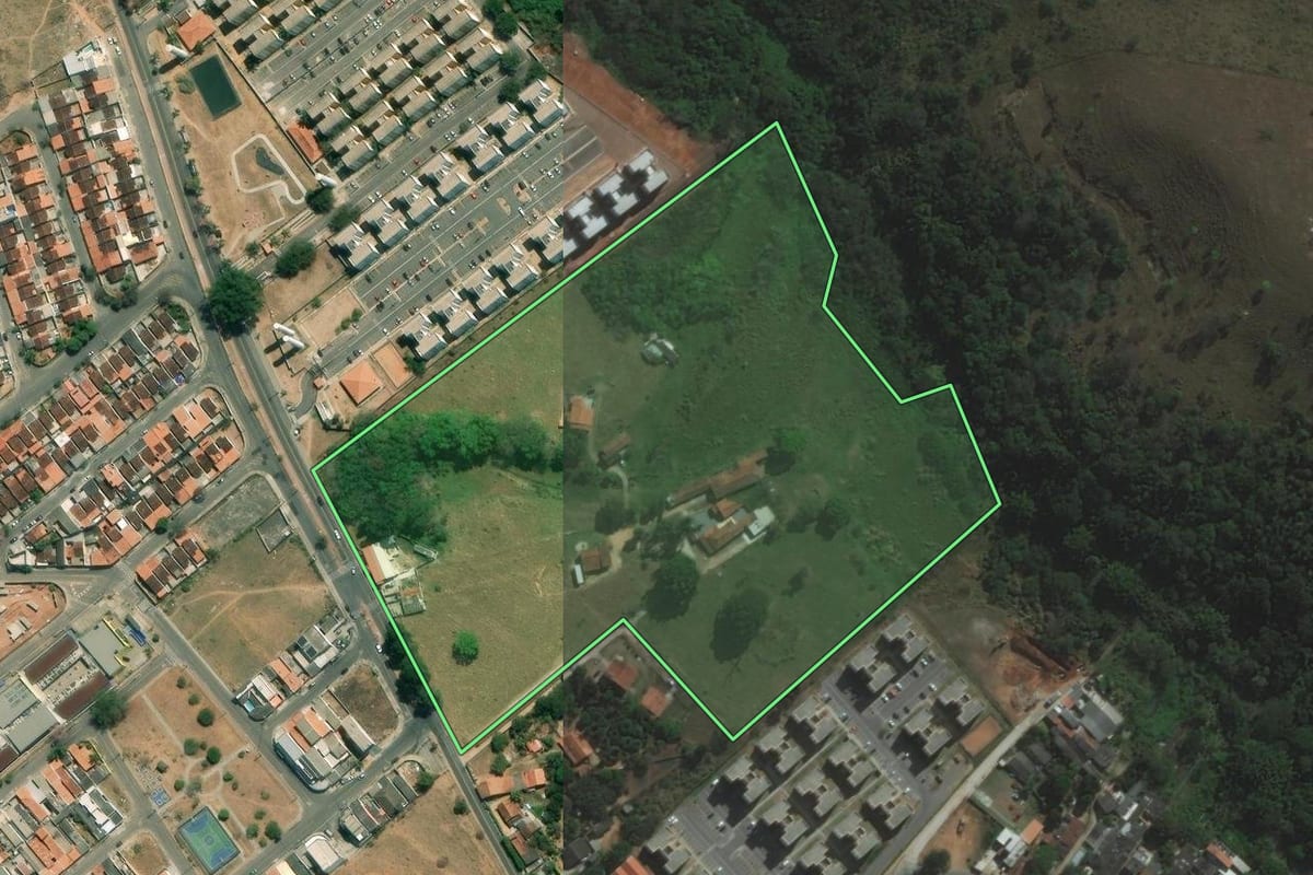 Imagem de satélite do imóvel rural em São José dos Campos (SP), com o contorno declarado no CAR desenhado por cima.