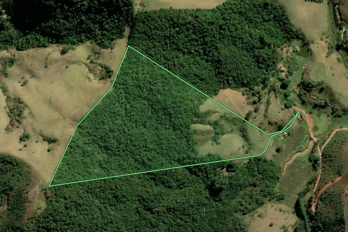Imagem de satélite do imóvel rural em São José dos Campos (SP), com o contorno declarado no CAR desenhado por cima.