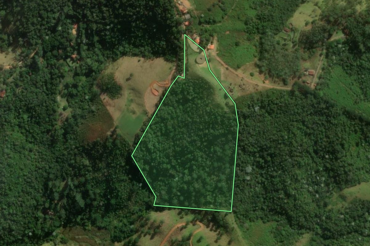 Imagem de satélite do imóvel rural em São José dos Campos (SP), com o contorno declarado no CAR desenhado por cima.