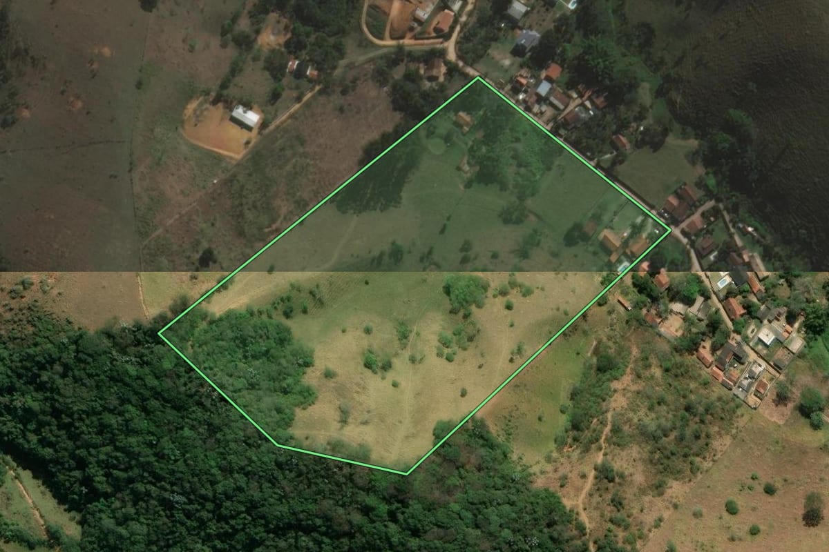 Imagem de satélite do imóvel rural em São José dos Campos (SP), com o contorno declarado no CAR desenhado por cima.