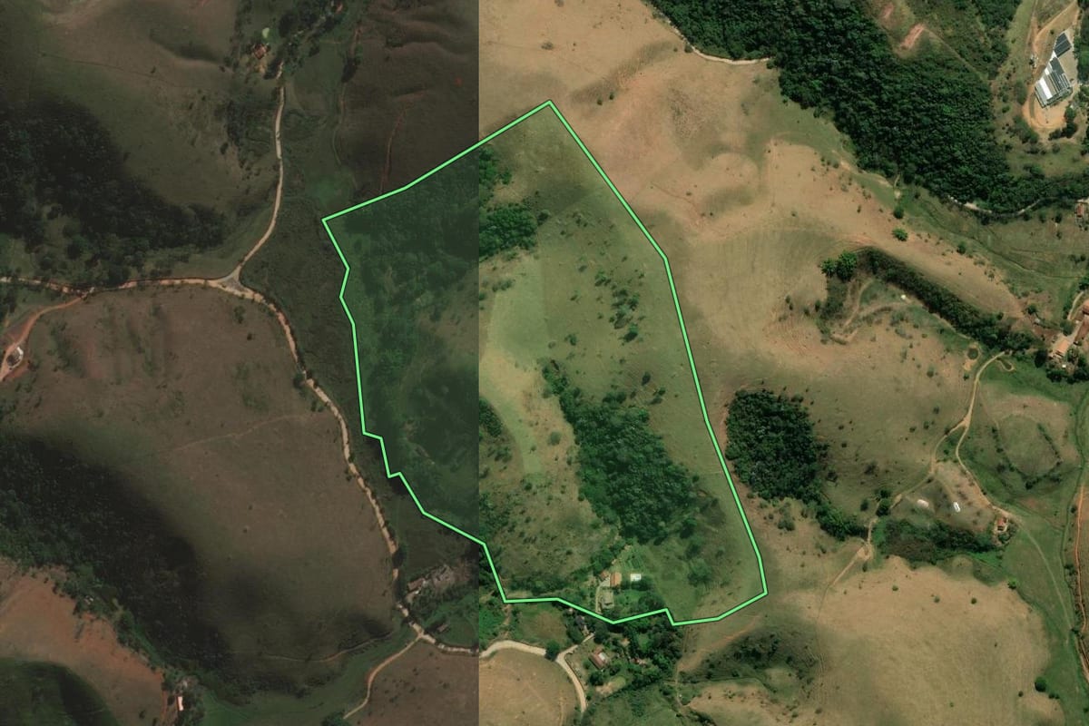 Imagem de satélite do imóvel rural em São José dos Campos (SP), com o contorno declarado no CAR desenhado por cima.