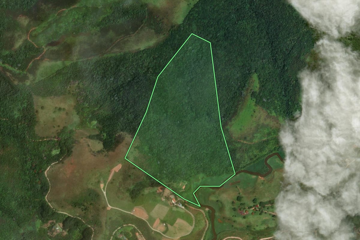 Imagem de satélite do imóvel rural em São José dos Campos (SP), com o contorno declarado no CAR desenhado por cima.