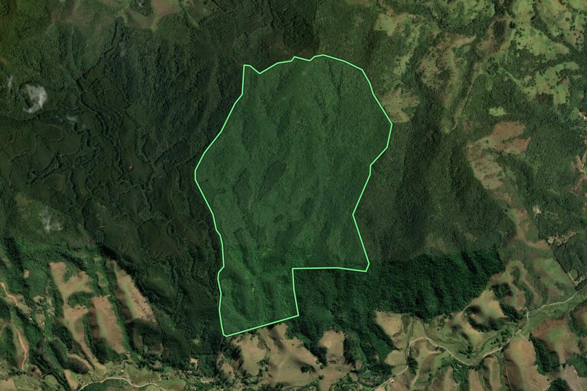 Imagem de satélite do imóvel rural em São José dos Campos (SP), com o contorno declarado no CAR desenhado por cima.