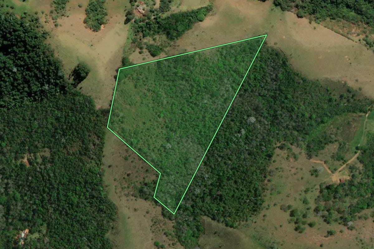 Imagem de satélite do imóvel rural em São José dos Campos (SP), com o contorno declarado no CAR desenhado por cima.