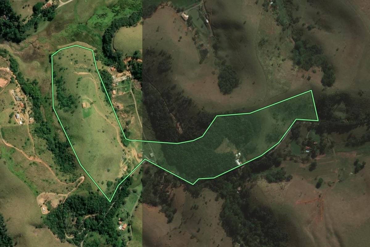 Imagem de satélite do imóvel rural em São José dos Campos (SP), com o contorno declarado no CAR desenhado por cima.