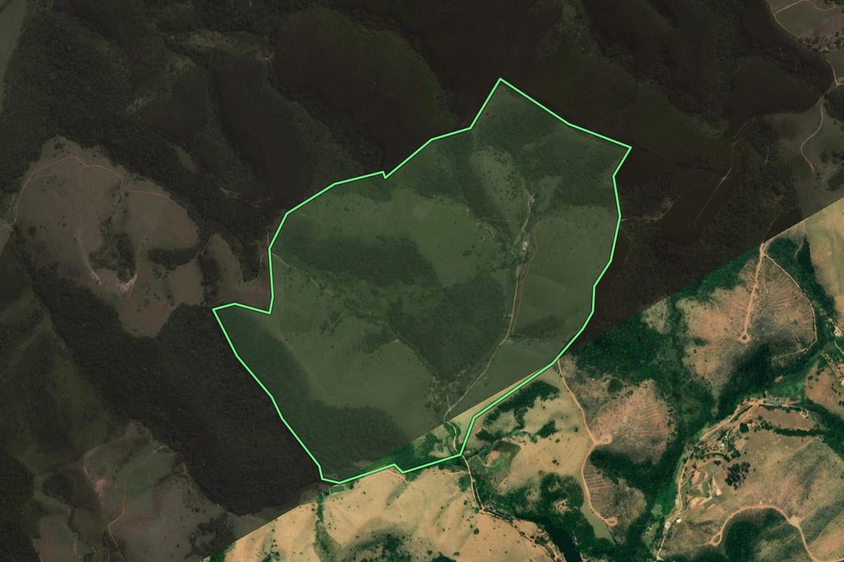 Imagem de satélite do imóvel rural em São José dos Campos (SP), com o contorno declarado no CAR desenhado por cima.
