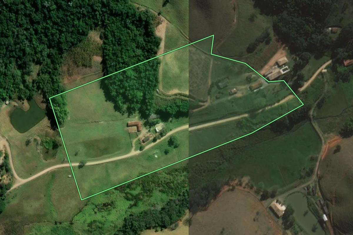 Imagem de satélite do imóvel rural em São José dos Campos (SP), com o contorno declarado no CAR desenhado por cima.