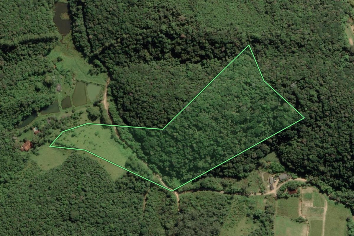 Imagem de satélite do imóvel rural em São Lourenço da Serra (SP), com o contorno declarado no CAR desenhado por cima.