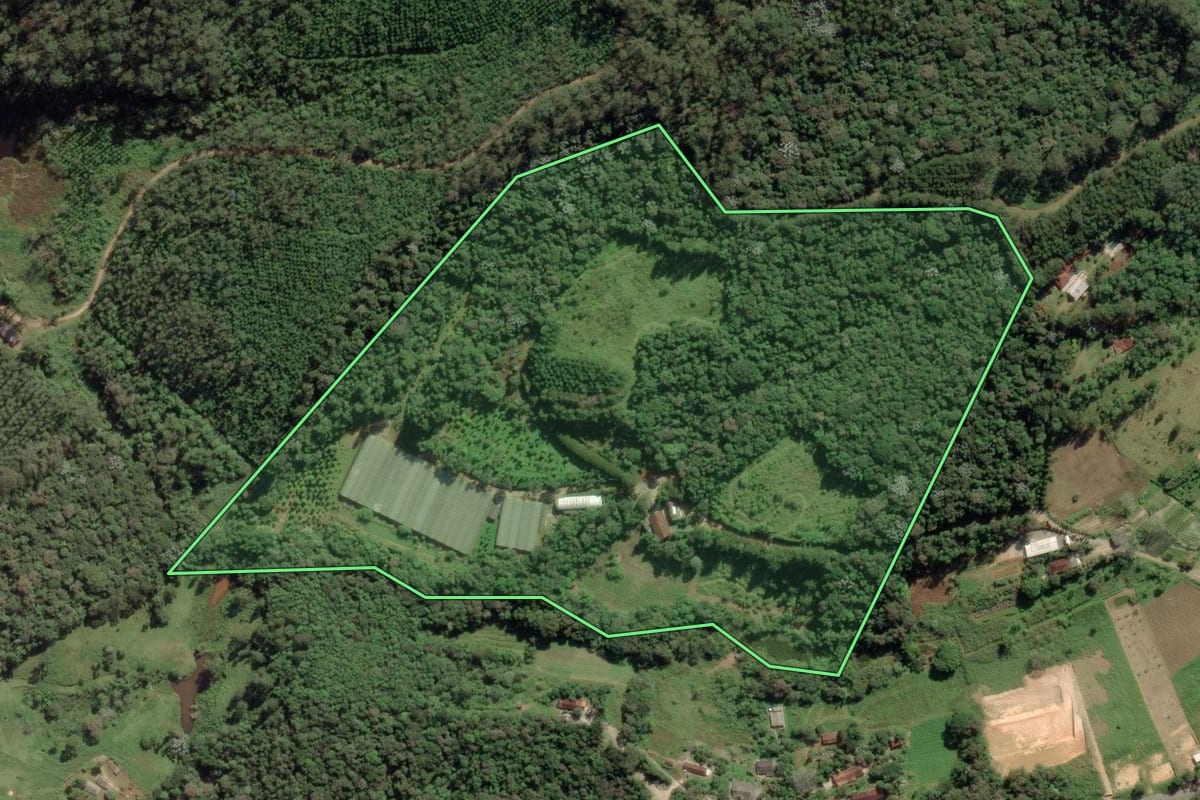 Imagem de satélite do imóvel rural em São Lourenço da Serra (SP), com o contorno declarado no CAR desenhado por cima.