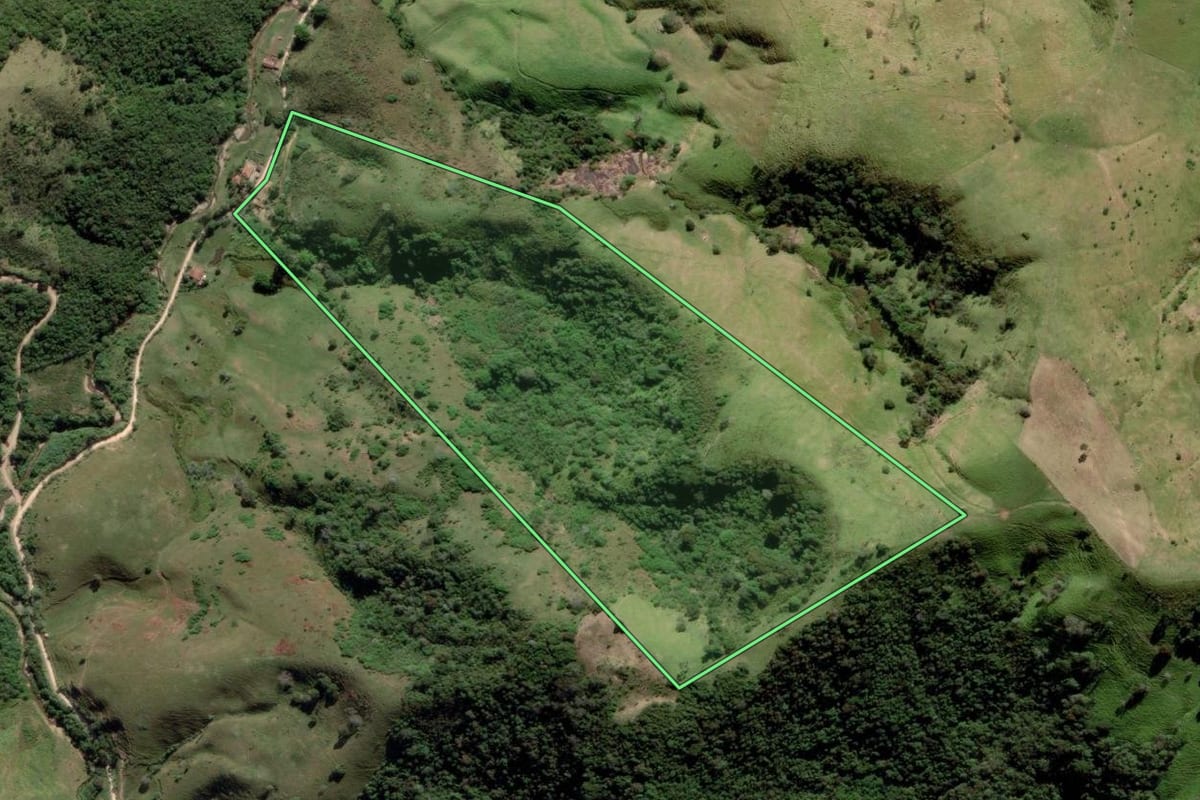 Imagem de satélite do imóvel rural em São Luiz do Paraitinga (SP), com o contorno declarado no CAR desenhado por cima.