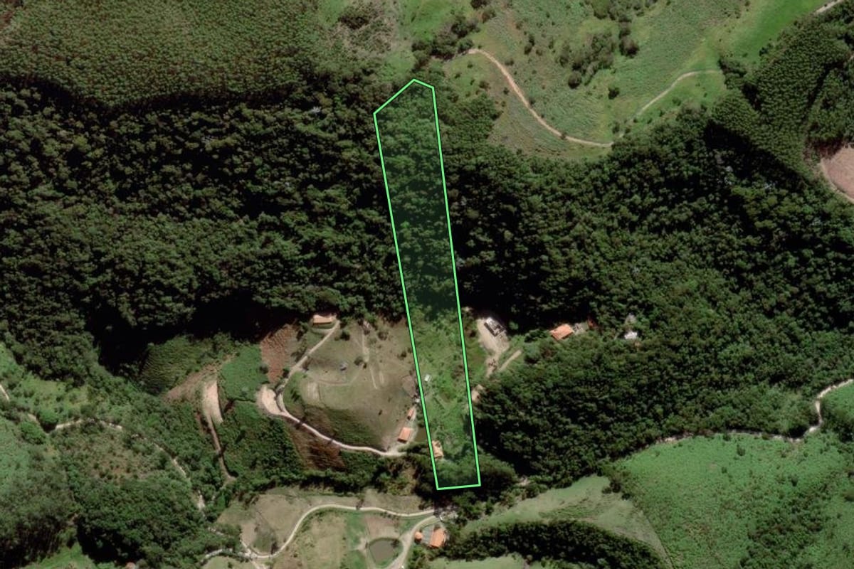 Imagem de satélite do imóvel rural em São Luiz do Paraitinga (SP), com o contorno declarado no CAR desenhado por cima.