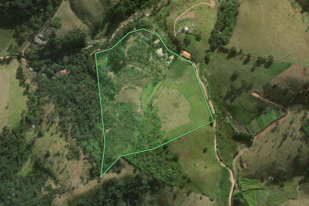 Imagem de satélite do imóvel rural em São Luiz do Paraitinga (SP), com o contorno declarado no CAR desenhado por cima.