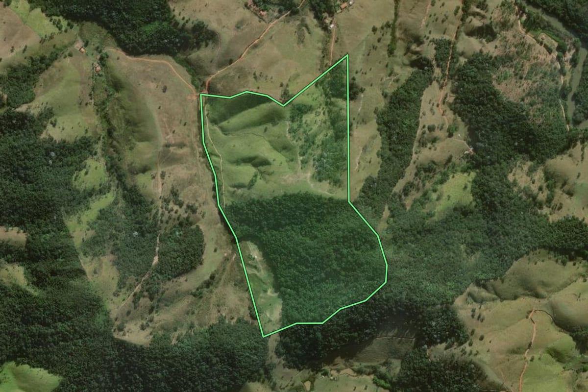 Imagem de satélite do imóvel rural em São Luiz do Paraitinga (SP), com o contorno declarado no CAR desenhado por cima.