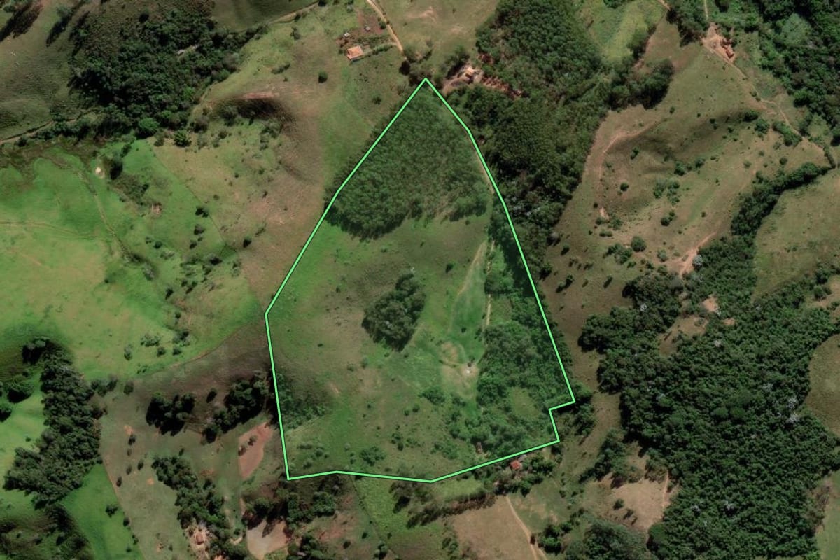 Imagem de satélite do imóvel rural em São Luiz do Paraitinga (SP), com o contorno declarado no CAR desenhado por cima.
