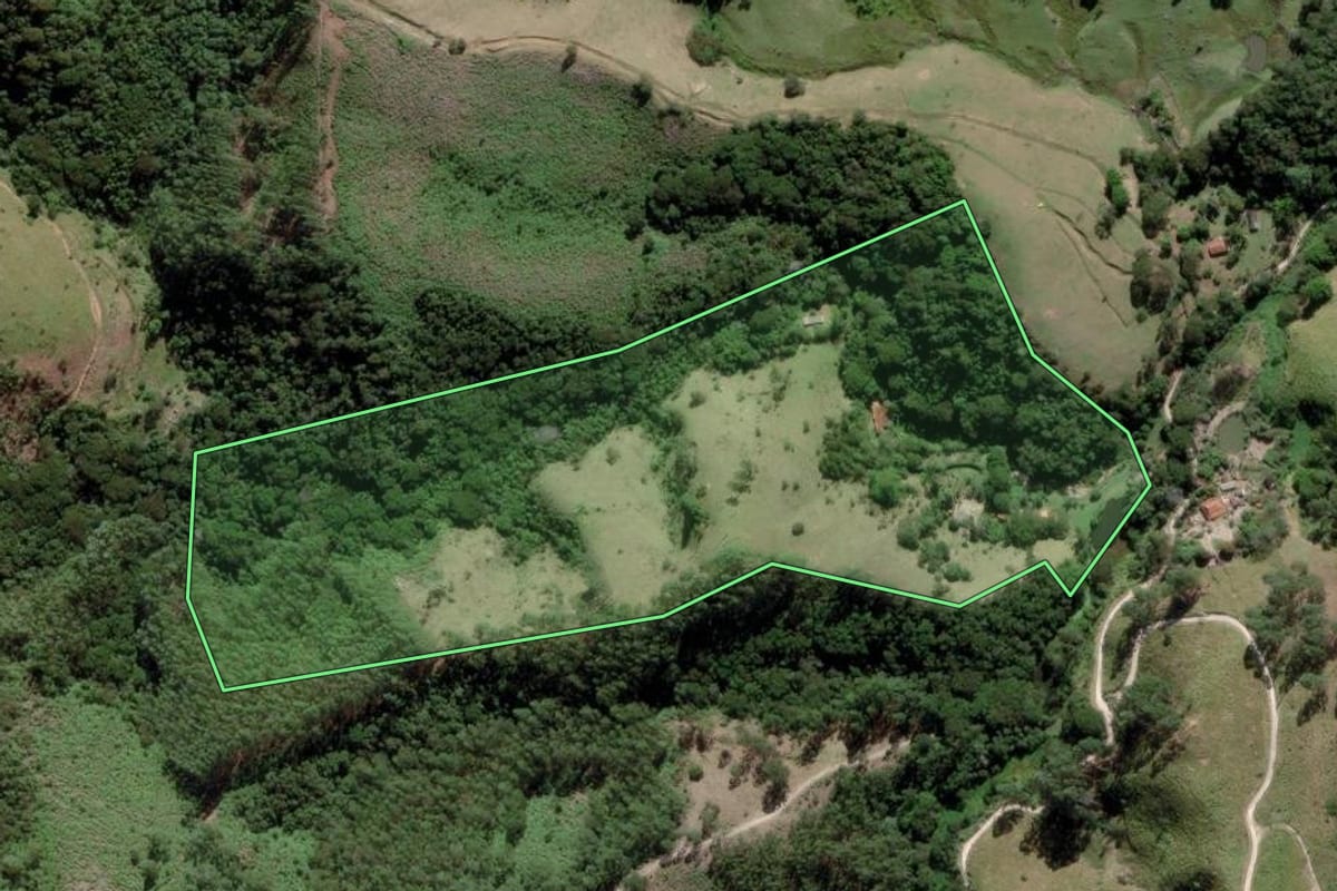 Imagem de satélite do imóvel rural em São Luiz do Paraitinga (SP), com o contorno declarado no CAR desenhado por cima.