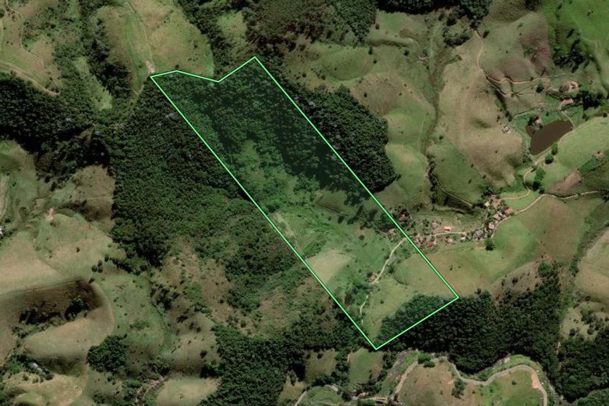 Imagem de satélite do imóvel rural em São Luiz do Paraitinga (SP), com o contorno declarado no CAR desenhado por cima.