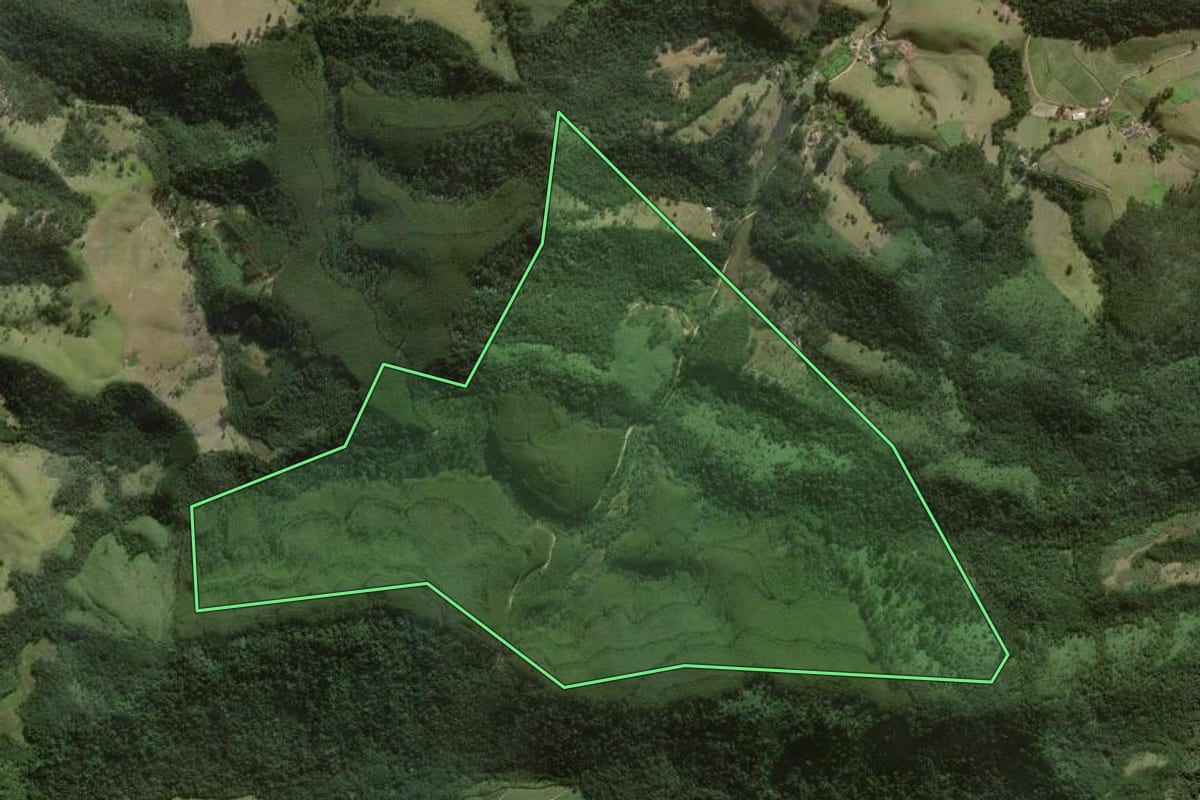 Imagem de satélite do imóvel rural em São Luiz do Paraitinga (SP), com o contorno declarado no CAR desenhado por cima.