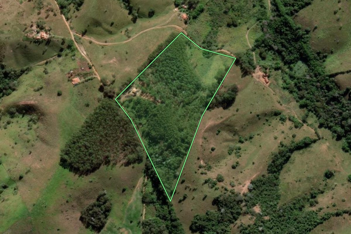 Imagem de satélite do imóvel rural em São Luiz do Paraitinga (SP), com o contorno declarado no CAR desenhado por cima.