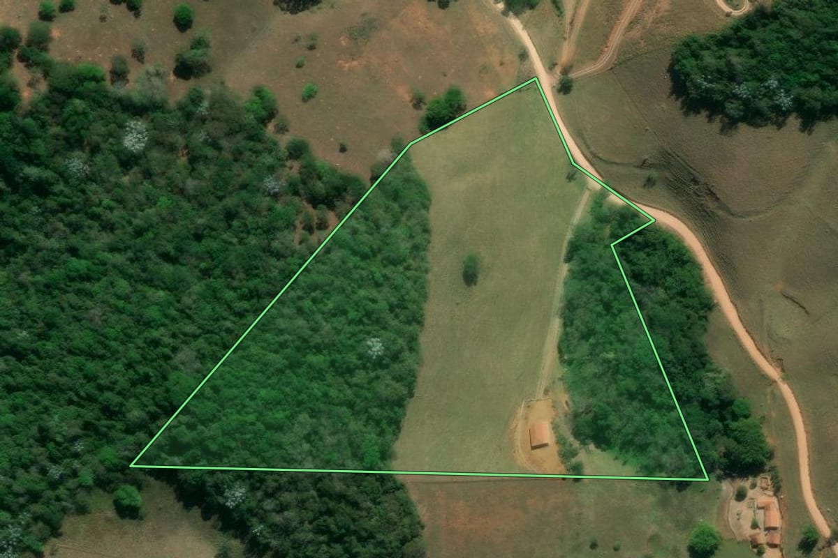 Imagem de satélite do imóvel rural em São Luiz do Paraitinga (SP), com o contorno declarado no CAR desenhado por cima.
