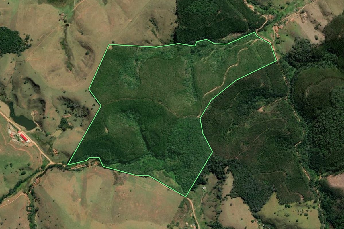 Imagem de satélite do imóvel rural em São Luiz do Paraitinga (SP), com o contorno declarado no CAR desenhado por cima.
