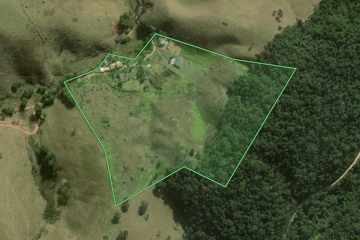 Imagem de satélite do imóvel rural em São Luiz do Paraitinga (SP), com o contorno declarado no CAR desenhado por cima.